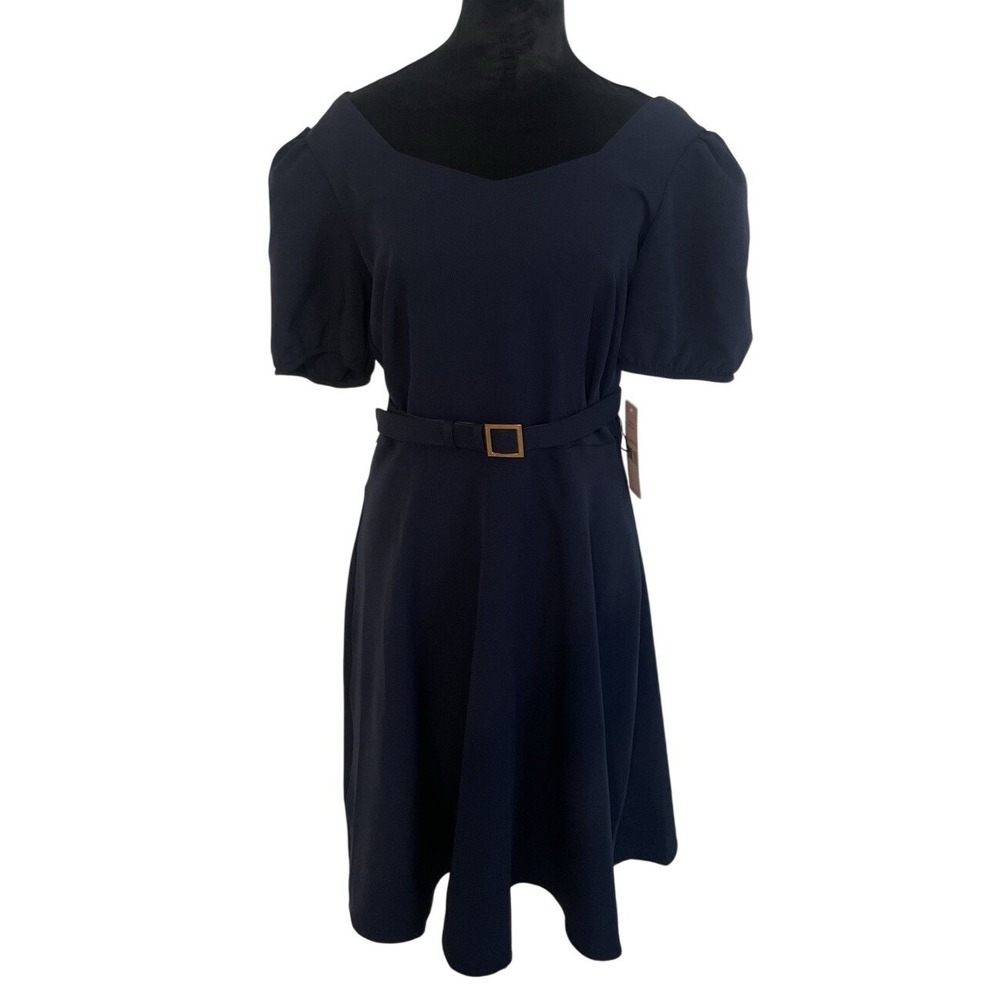 Nanette Lepore Navy Blue Classic Puff Sleeve Belted Fit and Flare Dress Size 10